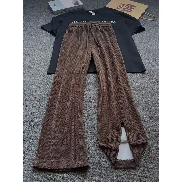vintage美拉德重磅卫裤男款春秋焦糖色麦穗纹裤子垂感直筒休闲裤
