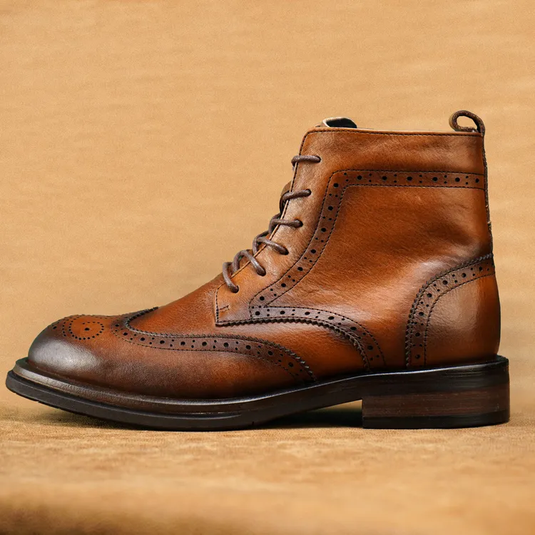 男士头层牛皮纯羊毛皮毛一体布洛克羊毛鞋