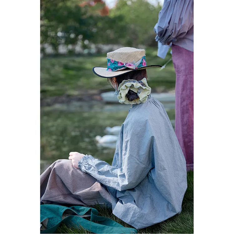 春季新款文艺复古原创轻中式白群蓝棉麻花边领宽松牛仔休闲衬衫