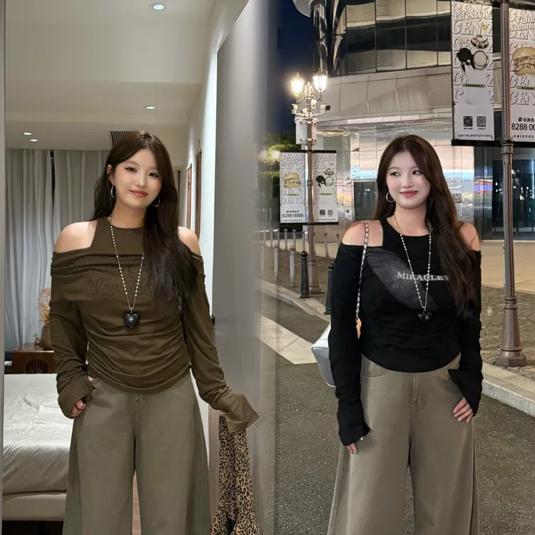 露肩热辣美式短上衣长袖T恤设计感修身一字肩修身掐腰女