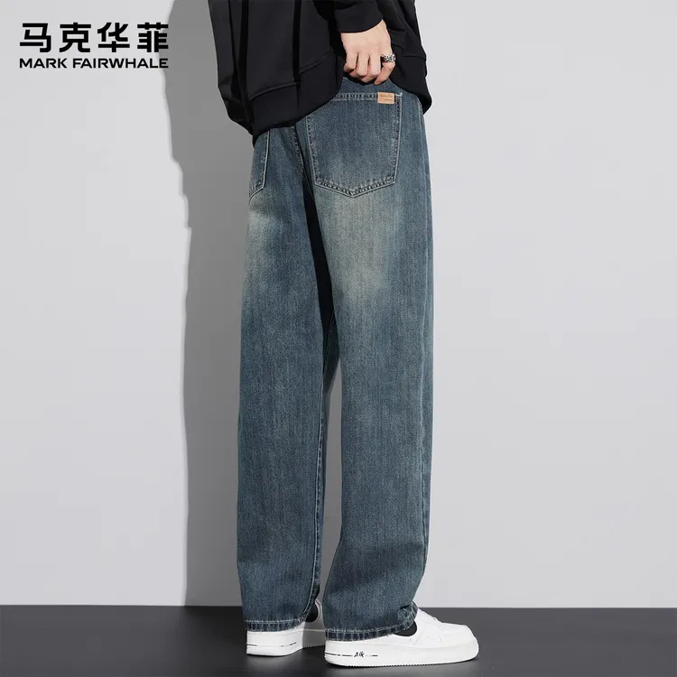 马克华菲美式复古阔腿牛仔裤男款秋冬宽松直筒水洗加绒休闲长裤潮