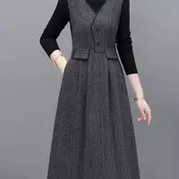 灰色假两件连衣裙2025秋季新款高档中长款裙子韩版87669