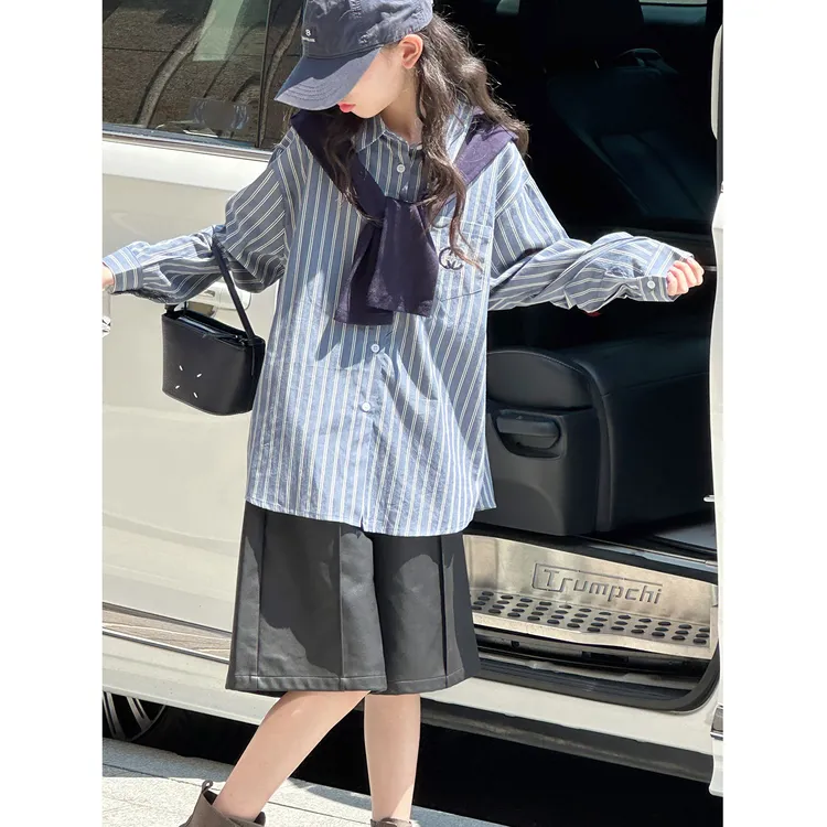 K29761孙小美韩系女童衬衫2025秋装新款儿童条纹上衣大童春秋衣服
