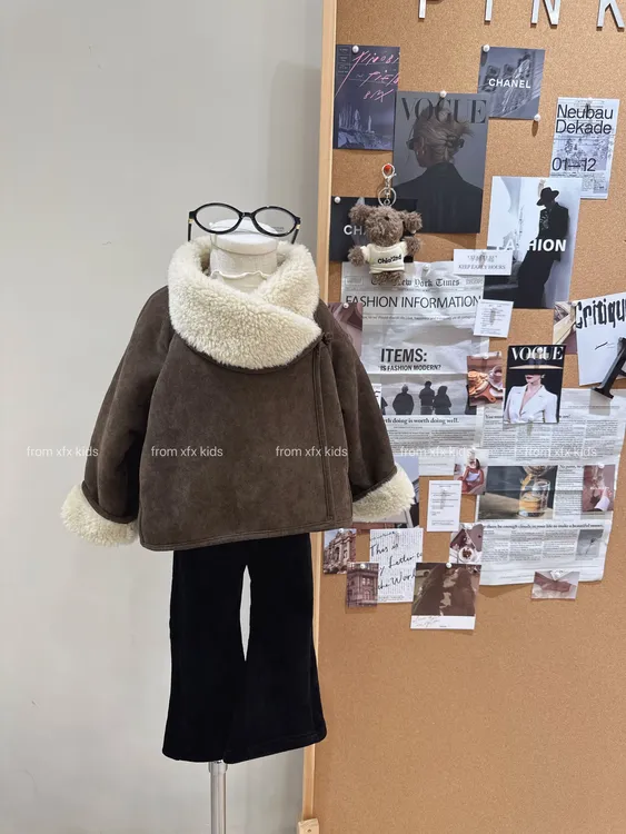 小粉象 ·女童2025冬季新款韩版洋气绵绵外套复古加绒喇叭裤套装