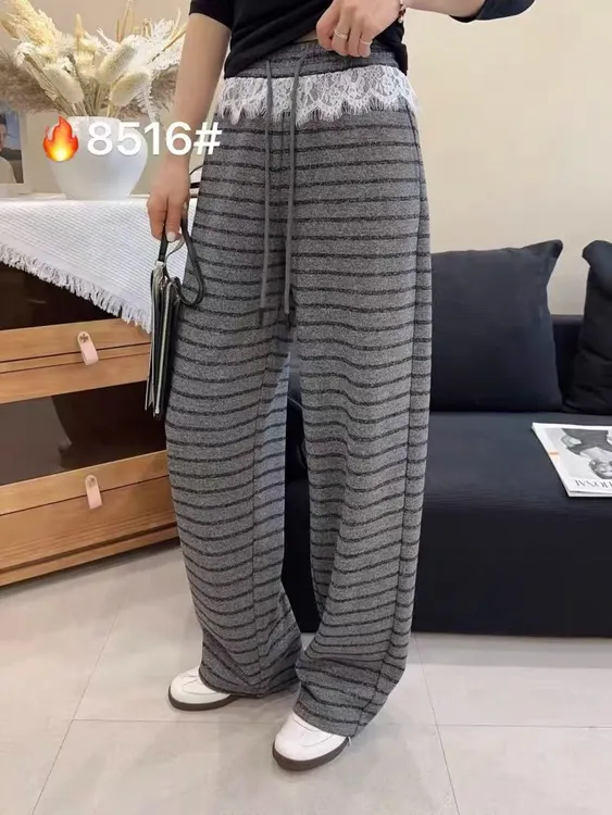 变色鸟8516蕾丝拼接抽绳松紧腰休闲裤女25春款韩版直筒显瘦阔腿裤