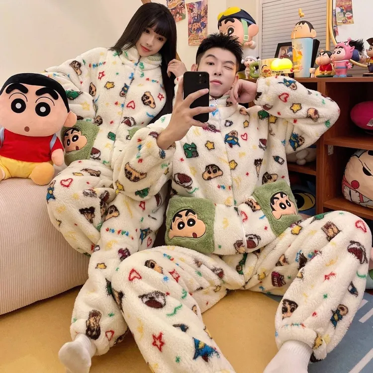 【蜡笔小新联名】卡通情侣睡衣秋冬男女款珊瑚绒加绒加厚家居服套装