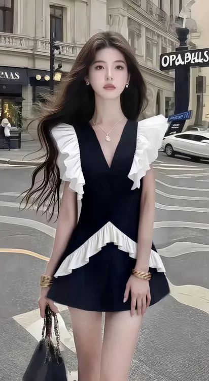 夏季2025新款温柔知性风黑白拼接V领收腰小众连衣裙女高级氛围感