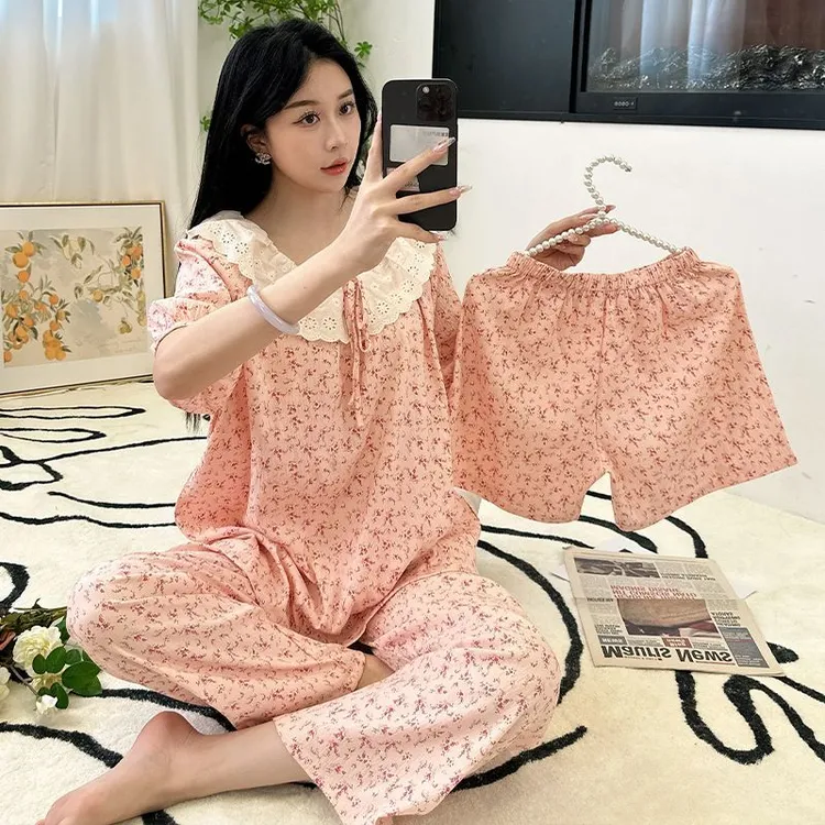 二号链接 【长裤短袖短裤】睡衣女三件套2025年新款可外穿家居服