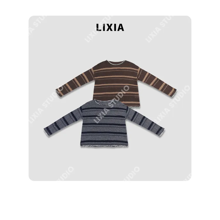 LIXIA【休闲条】撞色条纹流苏边绒羊驼莱赛尔混纺针织衫-D10081