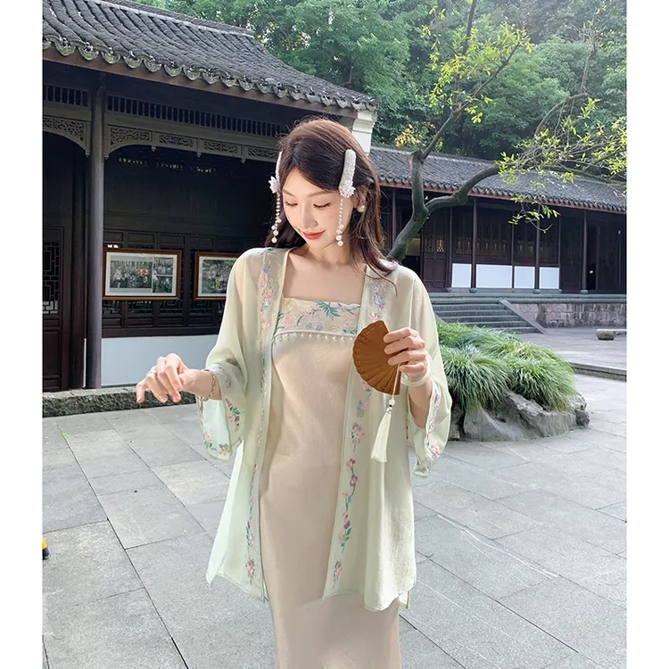 果果家【清月曲】新中式2025夏季女刺绣国风气质长袖外披上衣连衣裙