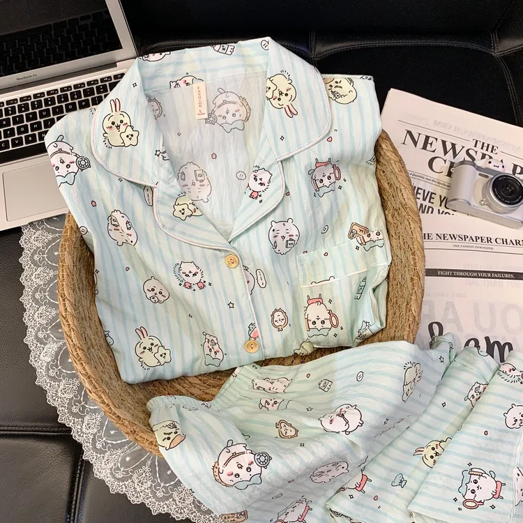 【长袖蓝条纹小八】春秋长袖云朵绵可爱甜美睡衣少女套装家居服