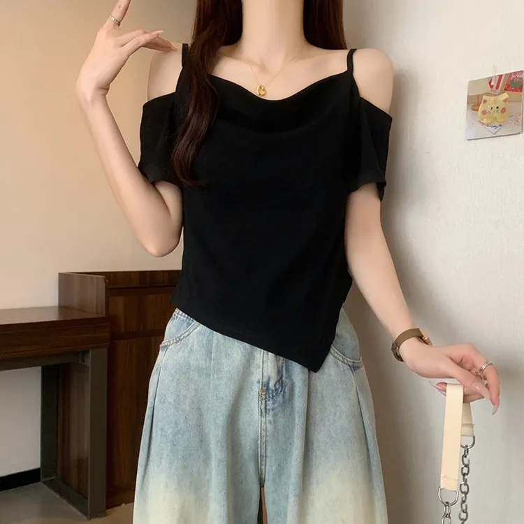 大码微胖辣妹露肩不规则黑色短袖T恤女夏季设计感荡领纯欲上衣服