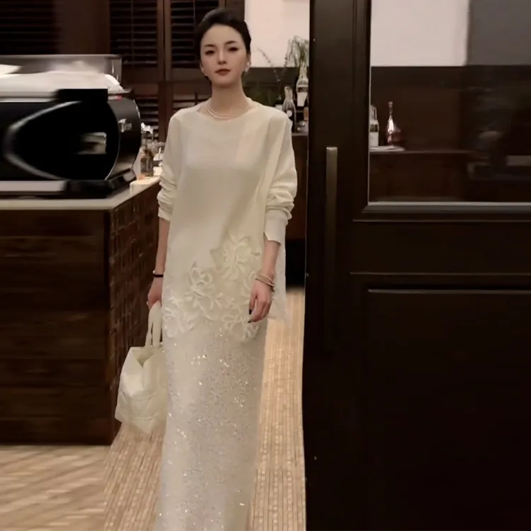 重要场合名媛气质轻奢高级感上流社会小香风白色亮片连衣裙套装春