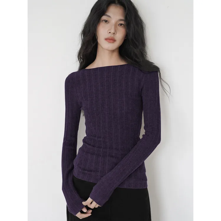 葡萄紫老钱风针织T恤打底衫女秋冬季修身长袖一字领毛衣紫色上衣