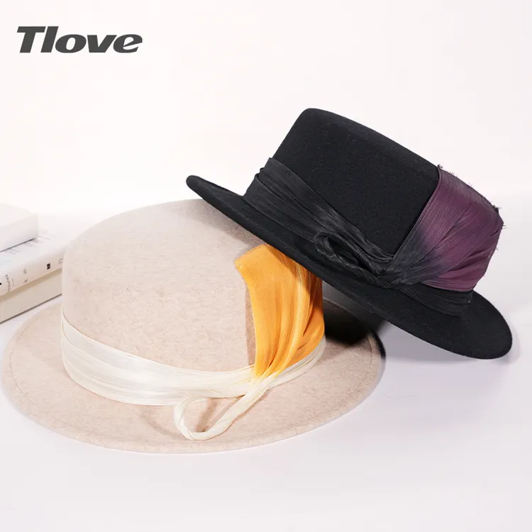 9856英伦复古平顶帽女士秋冬季新款渐变真丝麻平沿帽洋气羊毛礼帽