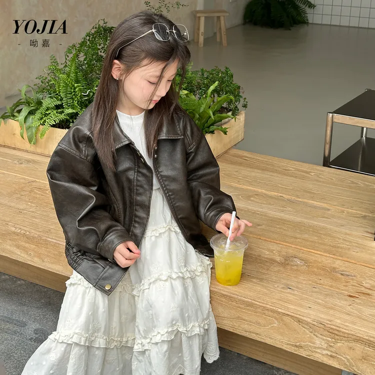 YOJIA女童皮衣外套春秋款2025新款洋气甜酷皮夹克儿童机车服秋装