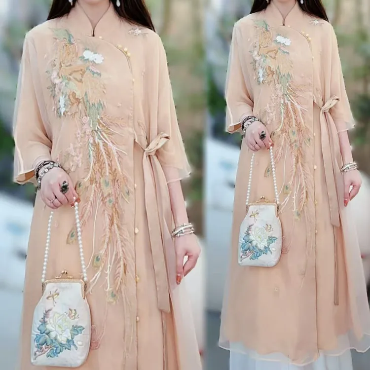 新中式国风立领重工刺绣宽松显瘦日常百搭气质长款外搭连衣裙