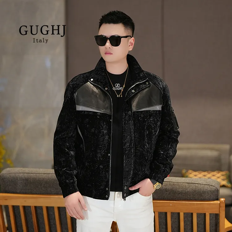 男士2025冬季新款时尚潮流山羊皮拼接白鸭绒保暖轻奢翻领羽绒夹克