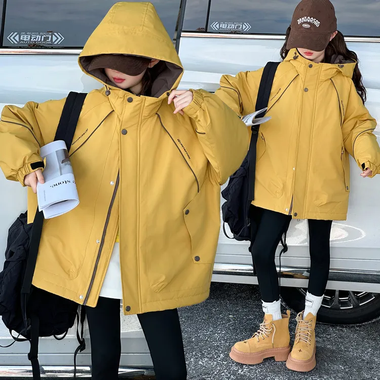 女童秋季冲锋衣外套2025新款连帽休闲风夹棉6-14岁青少年韩版潮流
