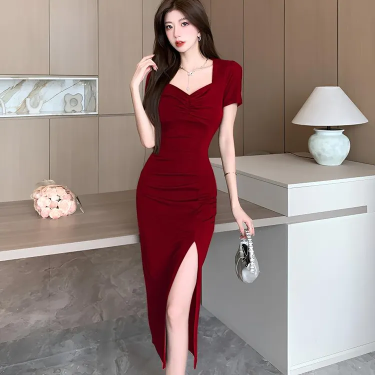 夏季法式方领时尚长裙女收腰包臀裙酒红色显瘦气质开叉性感连衣裙