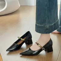 【小金条】D0216尖头粗跟单鞋女春秋新款复古金属一字带浅口玛丽珍