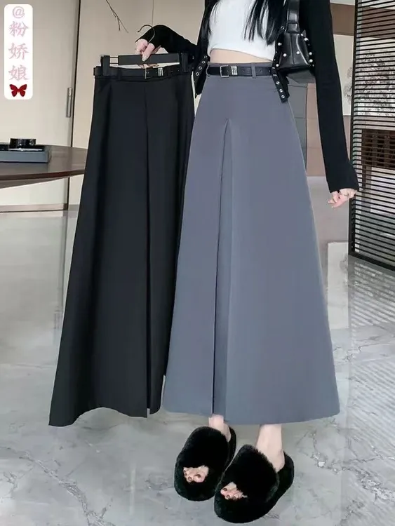 秋季新款时尚设计感开叉高腰显瘦百搭灰色半身裙黑色西装裙半身裙