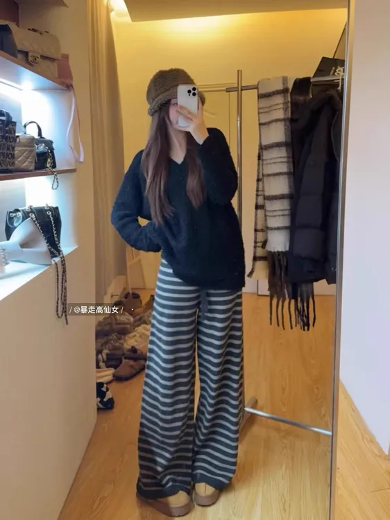 今年流行爆款休闲慵懒风条纹抽绳宽松针织裤女秋冬条纹阔腿拖地裤