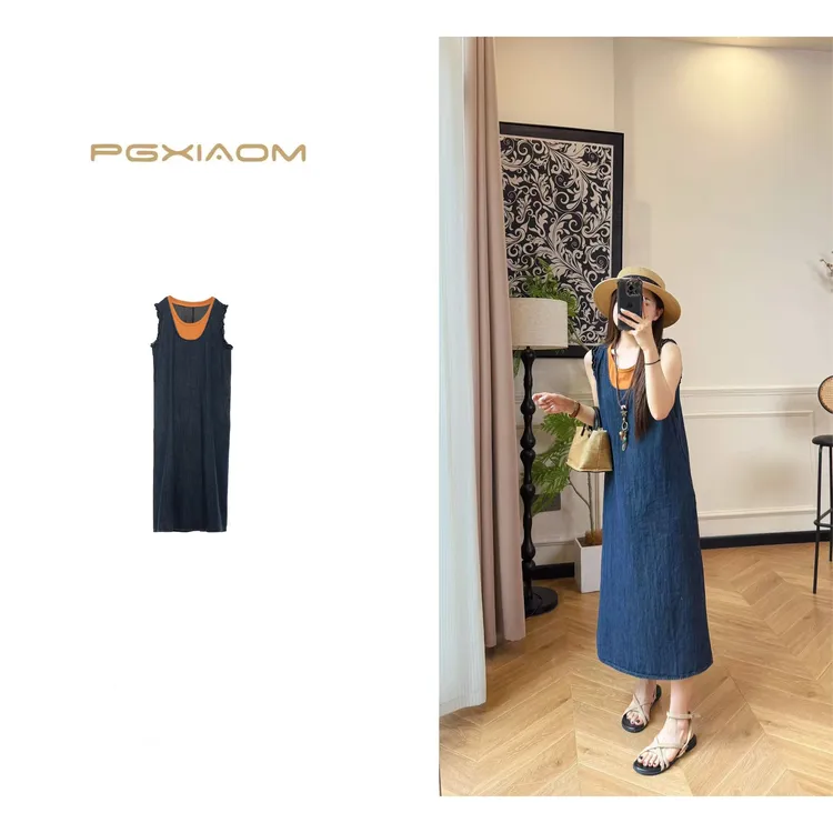【PGXIAOM】润秀定制减龄拼接假两件牛仔背心连衣裙QZ9992