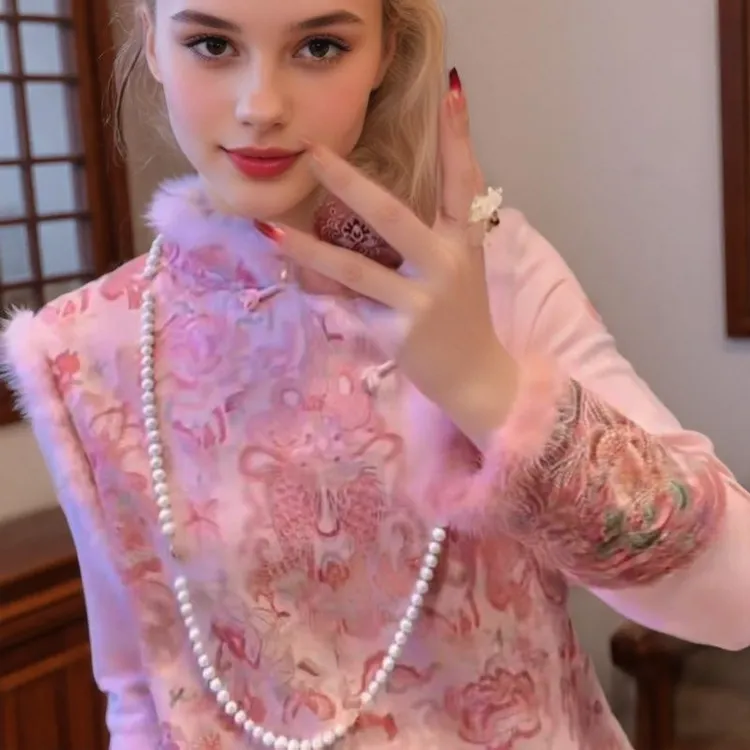 冬季中国风时尚套装中式气质毛毛边马甲上衣小衫网红修身两件套女