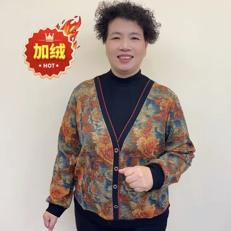 秋冬季加绒中老年洋气妈妈装时尚风假两件拼接减龄休闲上衣998