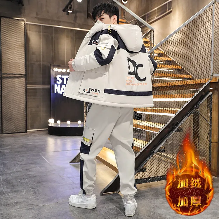 2025年男士加绒加厚夹克套装冬季休闲男装一套工装外套两件套