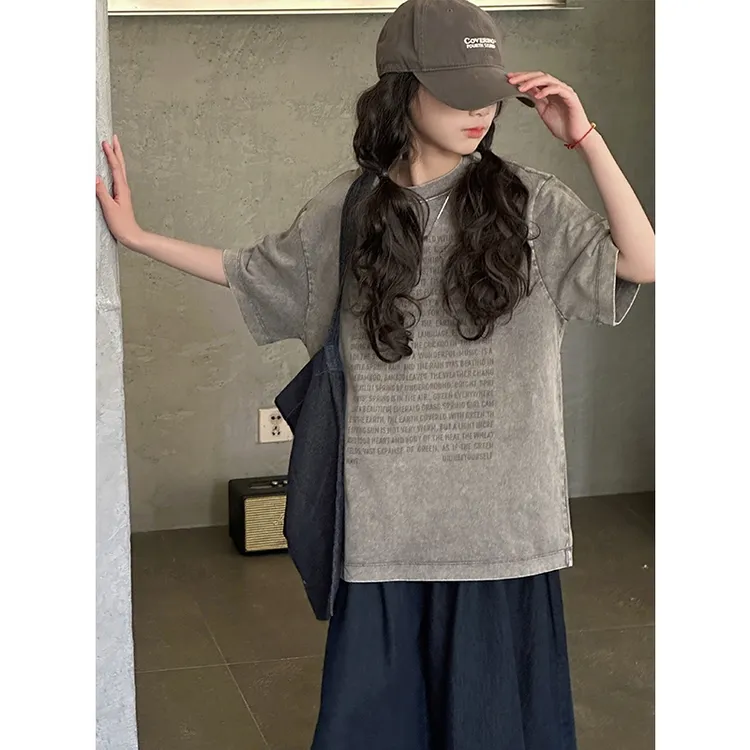 K28269韩系做旧女童短袖T恤2025新款夏装儿童上衣春夏半袖打底衫t