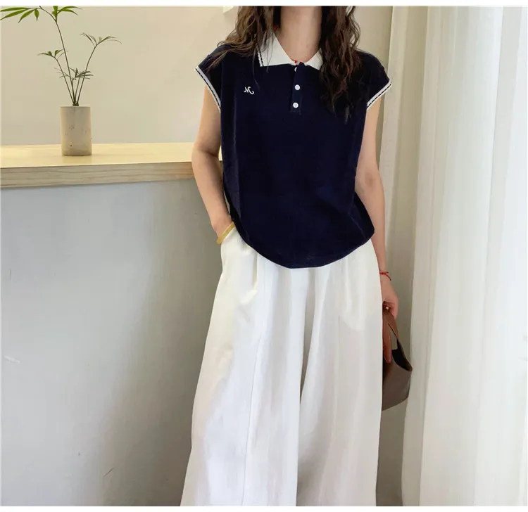 1377大码女装胖mm夏季新款polo领设计感文艺针织衫慵懒风短袖上衣