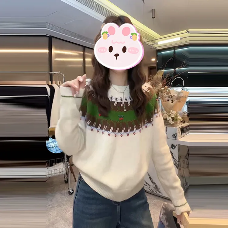 2025冬季新款设计感撞色针织衫女韩系宽松圆领休闲百搭显瘦上衣潮