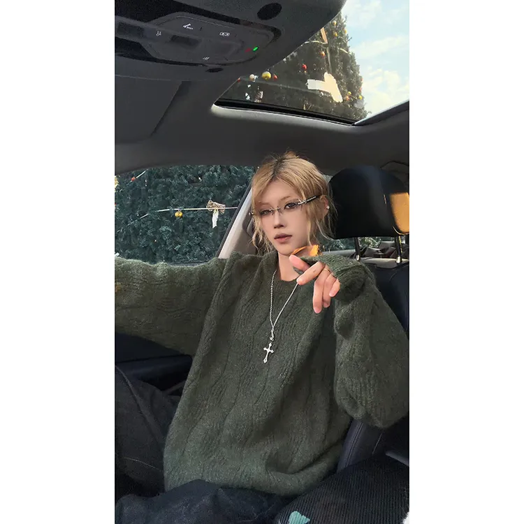 美式重磅绵羊毛混纺圆领麻花毛衣男秋冬慵懒肌理感宽松休闲针织衫