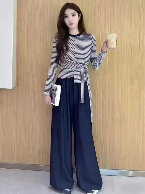 潘朵拉女装秋季上新气质百搭显瘦设计感上衣加阔腿裤套装