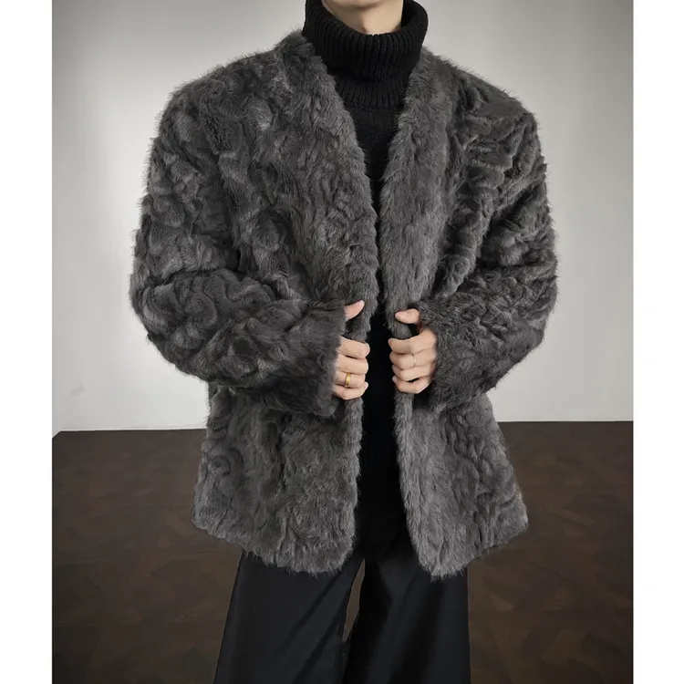 灰色仿水貂绒皮毛一体外套男冬季新款加绒加厚高级感棉衣毛绒棉服
