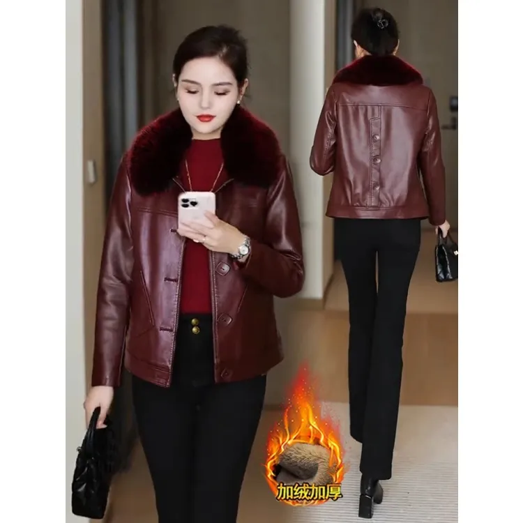 拉夏贝尔加绒加厚短款外套女2025秋冬季新款洋气毛领保暖PU皮夹克