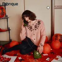 Fabrique【伊甸园毛衣】马海毛法式珠绣圆领短款蛇纹生肖针织开衫女