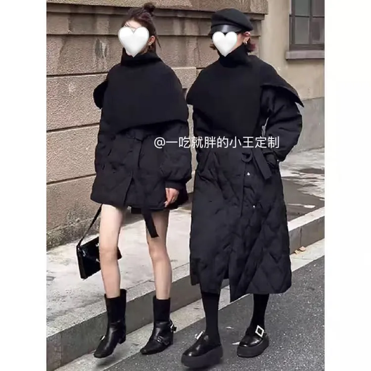 【小王家】保暖加厚黑色中长款千金风菱格厚款ins轻职风