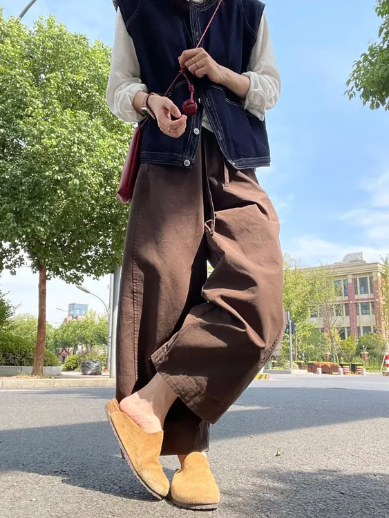 九分棕色弯刀裤女小个子休闲阔腿裤秋季大码胖mm显瘦窄版镰刀裤