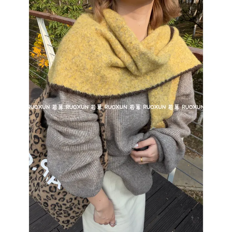 RUOXUN2025冬季韩代羊毛羊驼毛围巾女软糯保暖撞色护颈披肩三角巾