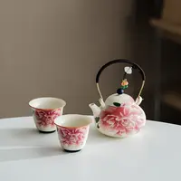 牡丹花青花岩矿白提梁壶功夫茶具茶杯家用复古陶瓷