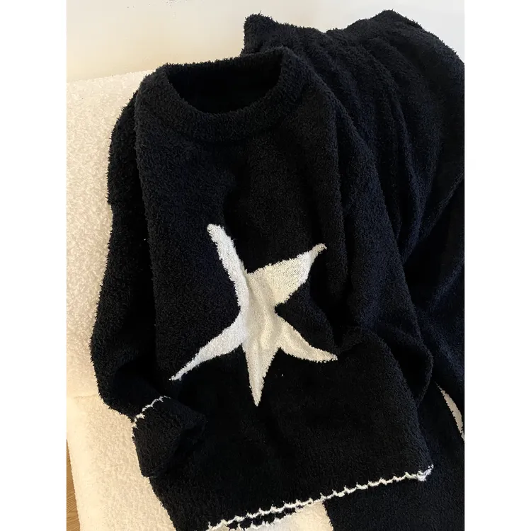甜美简约星星针织半边绒睡衣女秋冬新款保暖加厚家居服套装可外穿