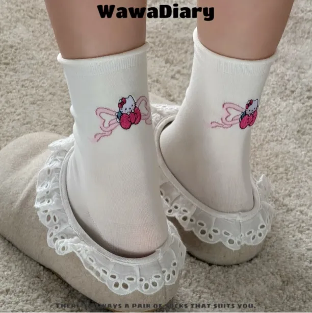 卡通kt后跟刺绣蝴蝶结粉蓝格子布标翻边纽扣少女堆堆袜中筒袜袜子