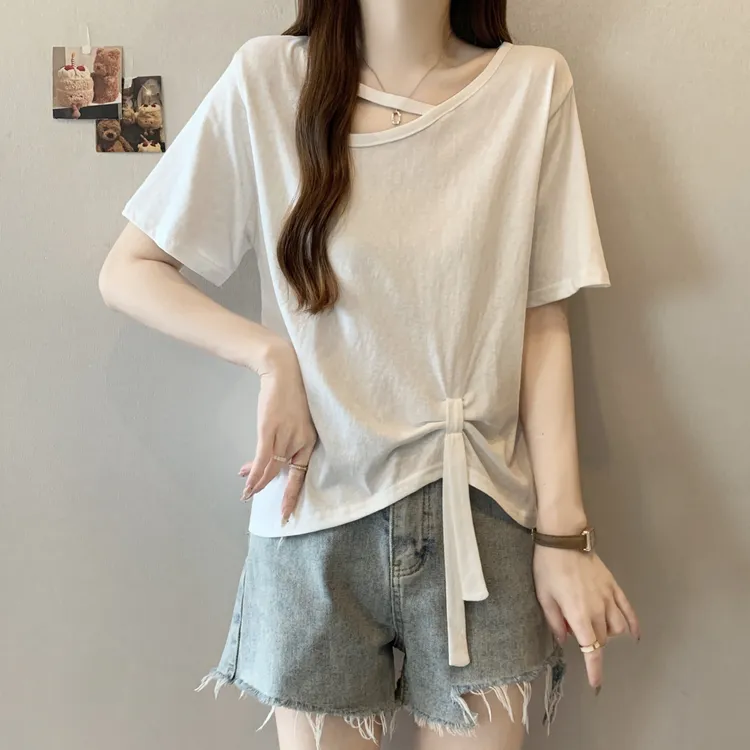 大码夏季新款不规则开叉系带正肩短袖t恤女胖妹妹遮肚子显瘦上衣