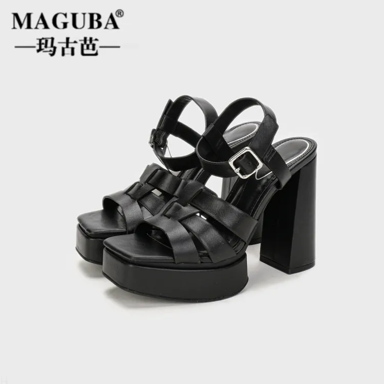 MAGUBA/玛古芭复古摩登罗马鞋女士显腿长超高跟经典黑色时尚气质