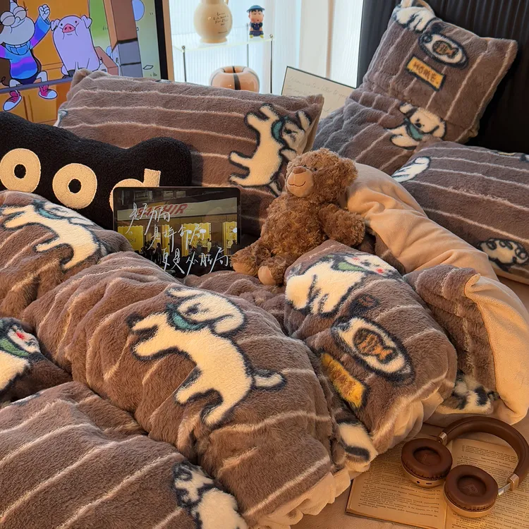 卡通兔毛绒四件套床上用品加厚牛奶珊瑚绒儿童秋冬被套宿舍三件套