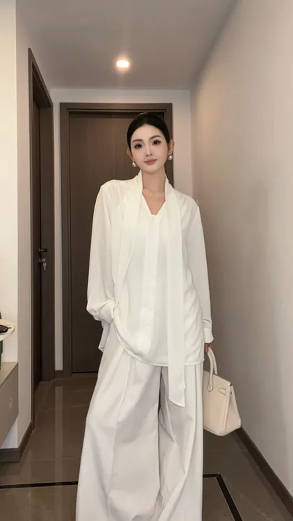 2025早秋新款白色v领飘带衬衫女装设计感小众中长款上衣