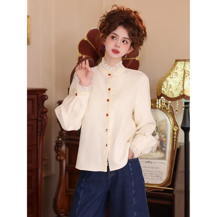 陈大器【素绢题诗】复古港风花边秋冬长袖百搭上衣衬衫JB3328383